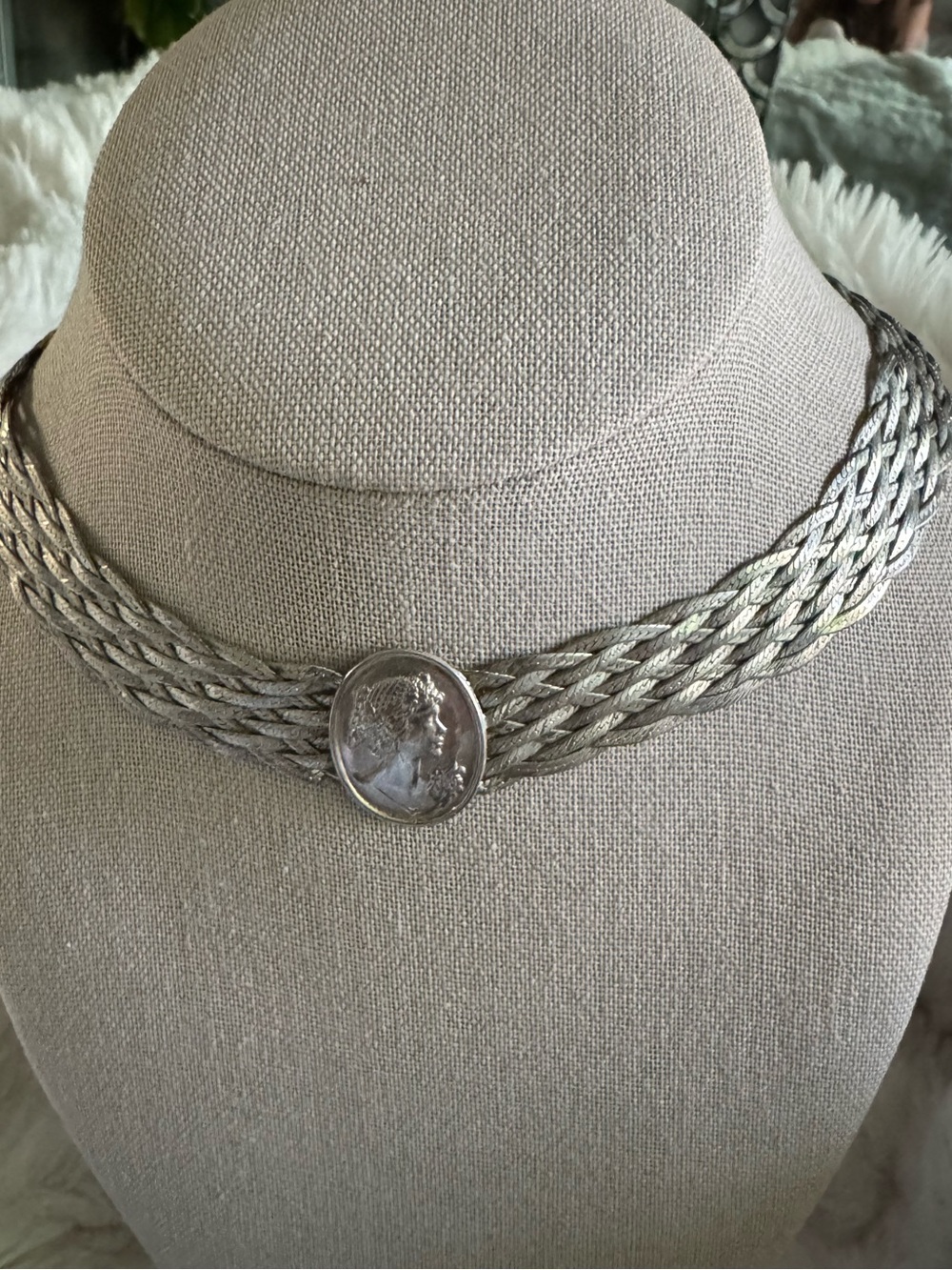 Vintage MILOR Italy .925 Braided Sterling Silver Repousse Cameo Choker Necklace